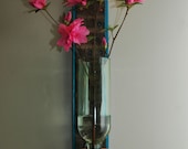 floating vase made from recycled wine bottle and repurposed wood