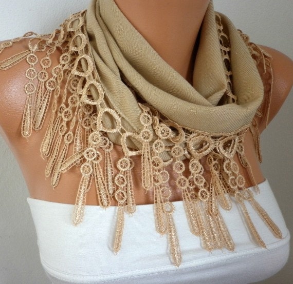 Camel Scarf  -  Pashmina Scarf  -  Cowl with Lace Edge