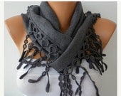 BIG SALE Gray Scarf Pashmina  Scarf - Cotton Scarf -Women Scarf - Cowl with Lace  Edge - fatwoman