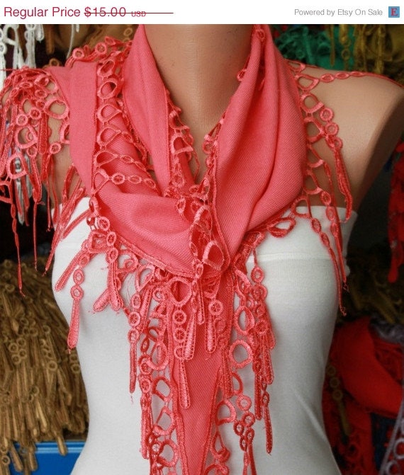 BIG SALE Hot Pink Scarf -  Pashmina Scarf  -  Cowl Scarf with Lace Edge - Coral Shawl - fatwoman