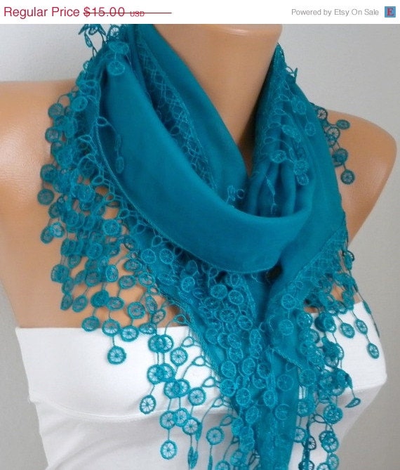 BIG SALE Teal Scarf  Cotton  Scarf - Shawl -  Cowl Scarf with Lace Edge   - Bridesmaids gift - fatwoman