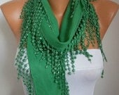 BIG SALE St. Patrick's Day Pigment Green Scarf  -  Pashmina Scarf  -  Cowl Scarf with Lace Edge - fatwoman