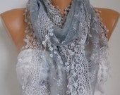 BIG SALE Gray  Lace Scarf - Shawl Scarf Cowl Scarf Lace Edge Gift Bridesmaid Gift fatwoman