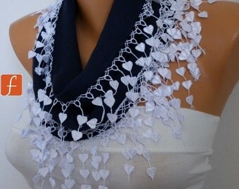 Dark  Blue Scarf  -Pashmina  Scarf  - Cowl  Scarf with Lace Edge - fatwoman