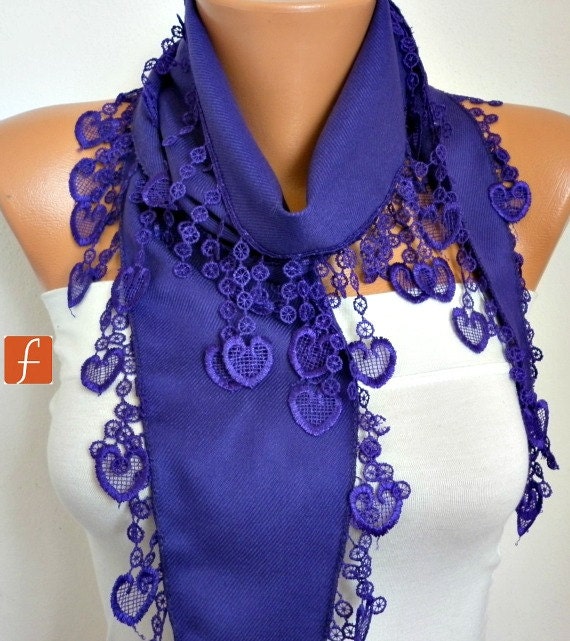 Purple Scarf - Pashmina Scarf - Cowl Scarf with Lace Edge - fatwoman - LOVE - HEART