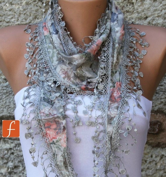 Multicolor Shawl - Cotton Scarf - Cowl with Lace Edge Gray - fatwoman - Bridesmaids Gifts