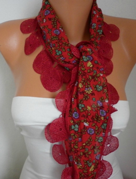 Red Scarf - Multicolor - Shawl - Cowl Scarf with Lace Edge - fatwoman
