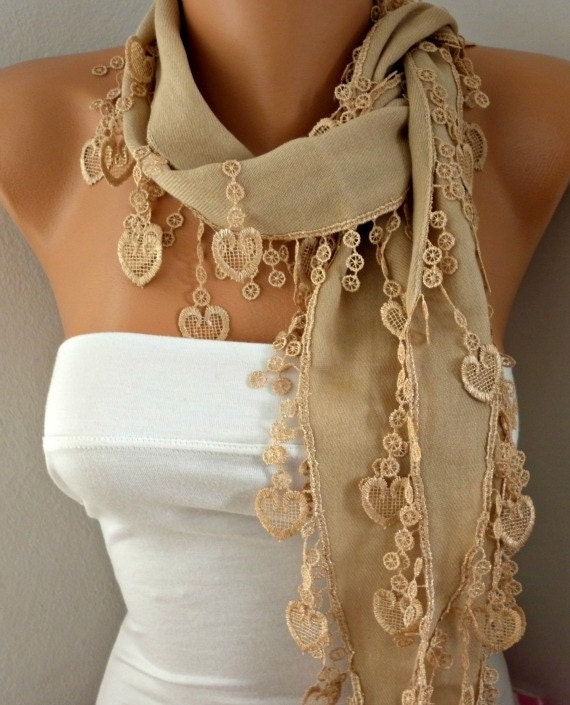 BIG SALE Camel Scarf  -  Pashmina Scarf  -  Cowl with Lace Edge - fatwoman