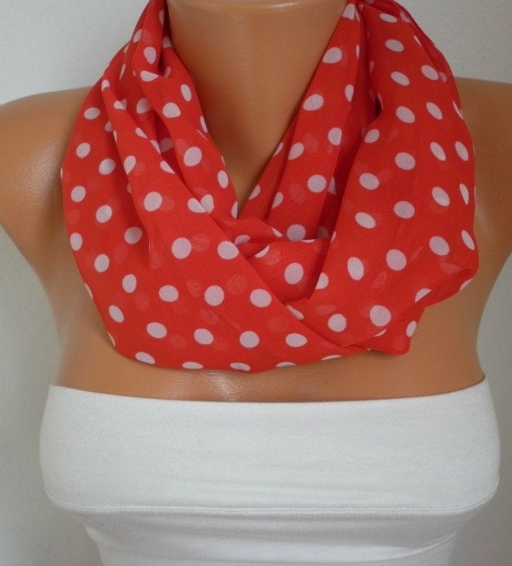 Red Polka Dots Infinity Scarf Shawl Circle Scarf Loop Scarf Gift -fatwoman