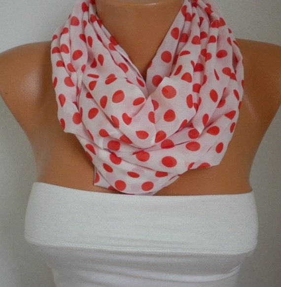 Polka Dot Infinity Scarf Shawl Circle Scarf Loop Scarf Gift -fatwoman - white - red polka dot