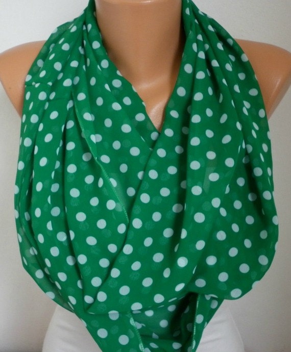 Green Polka Dot  Infinity Scarf Shawl Circle Scarf Loop Scarf Gift - for her --  Green - White Polka Dot - fatwoman