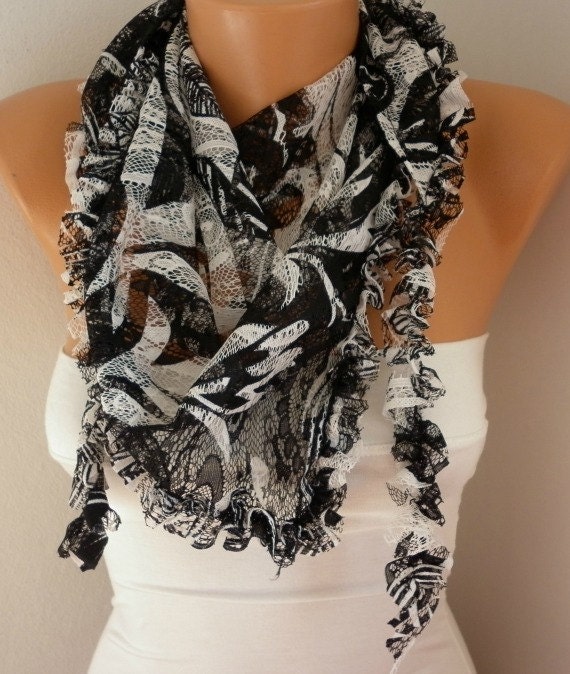 Black White Floral Scarf - Tulle Shawl Scarf - Cowl Scarf -