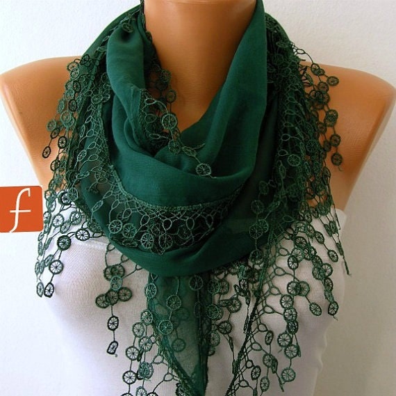 Emerald Green Scarf  -  Scarf -Cotton Cowl Scarf - Shawl  with Lace Edge   -fatwoman - Bridesmaids Gifts