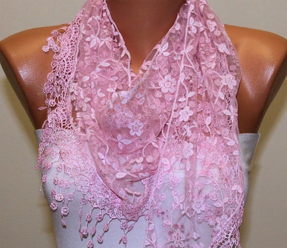 Women Shawl Scarf - Cowl Scarf - Lace Scarf -Pink - fatwoman