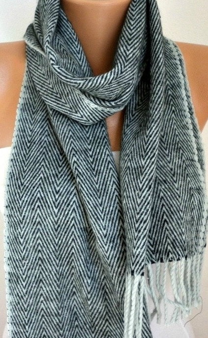 Father's Day Gift - Men Scarf - Man Scarf - Wool  Scarf - Unisex Scarf - Zigzag Cowl Scarf Shawl - Neck Warmer  -  Black Light Gray - Gift