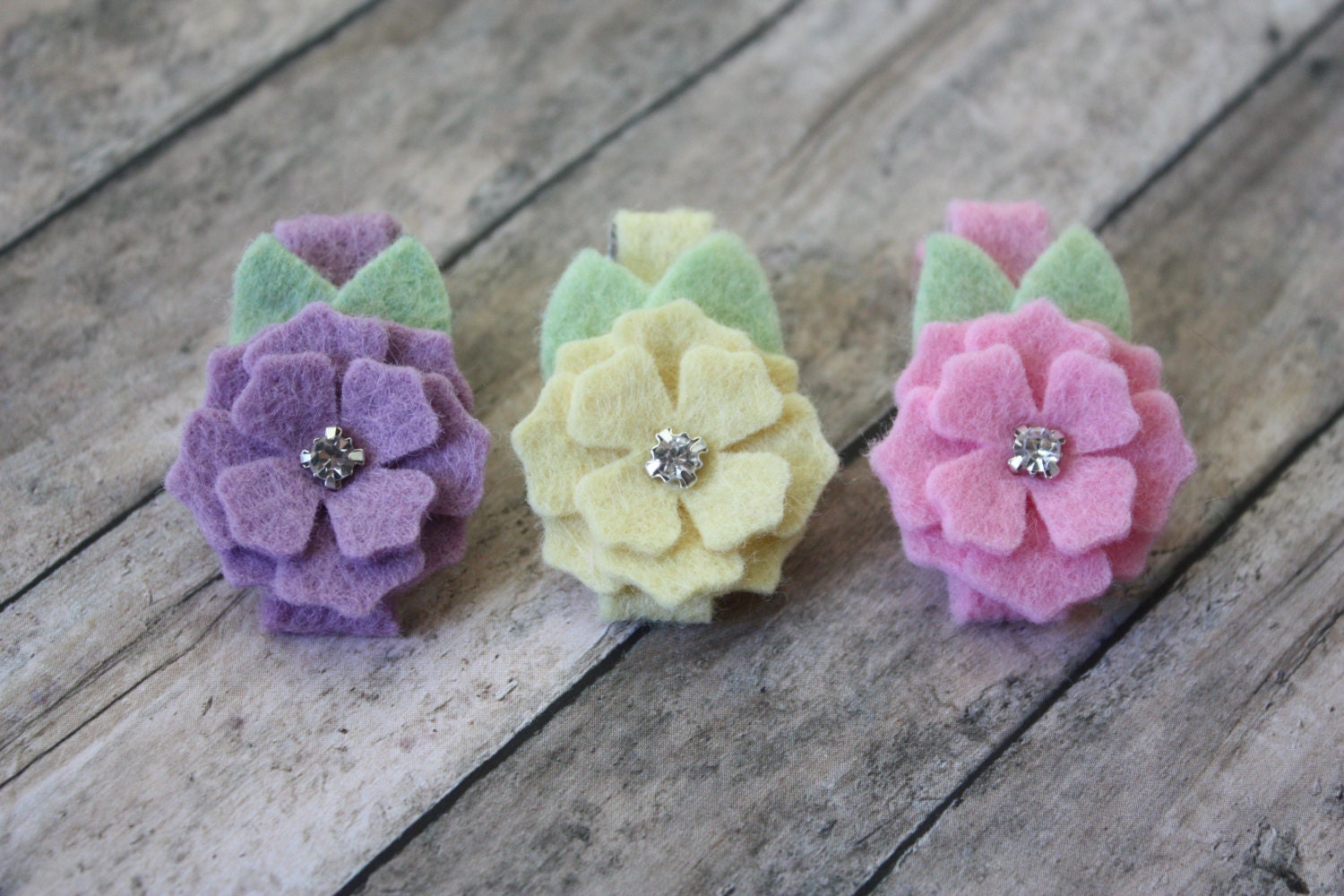 Set of 3 Bitty Bloom Mini Alligator Clips -Pastel Pink, Purple and Yellow - Wool Felt Flower Hair Clips