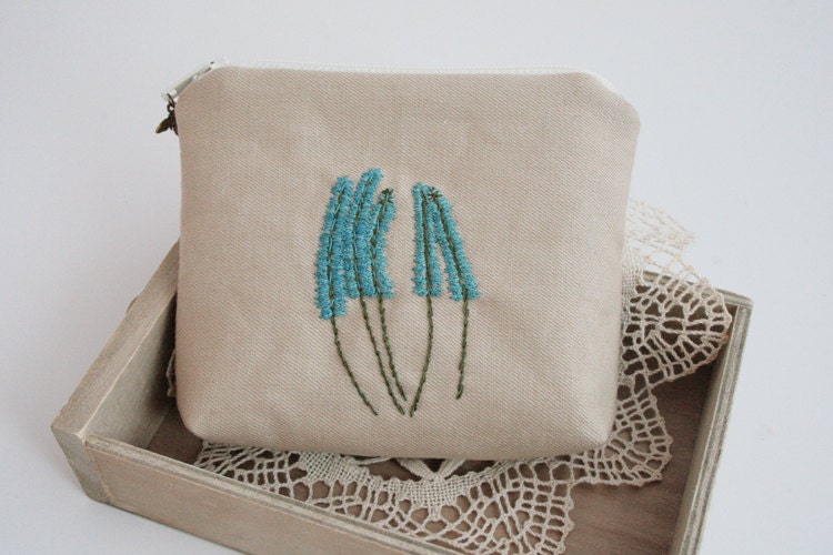 Zipper Coin Purse - Unique Floral Hand Embroidery Design - with Veronica Longifolia Flowers