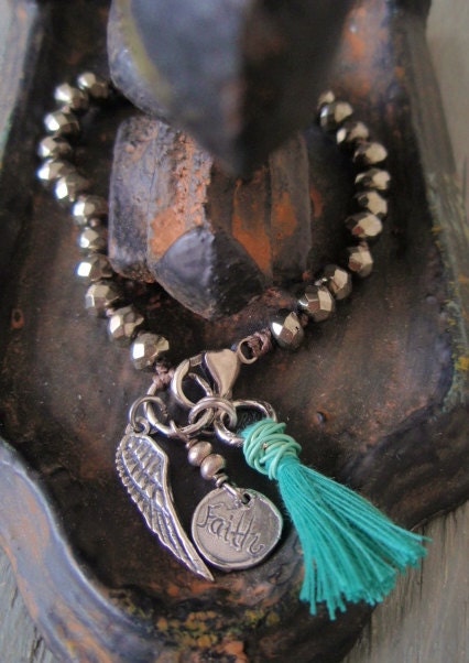 Pyrite knotted bracelet 'Wing & a Prayer' tassel charm bracelet sterling silver angel wing cross faith spiritual sundance boho