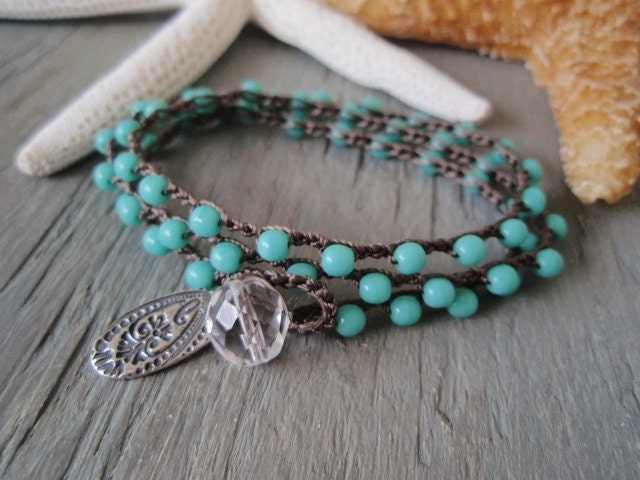 Turquoise blue Crochet 3x wrap bracelet necklace anklet 'Boho Blues' aqua blue Sterling silver paisley charm , beach boho surfer chic spring