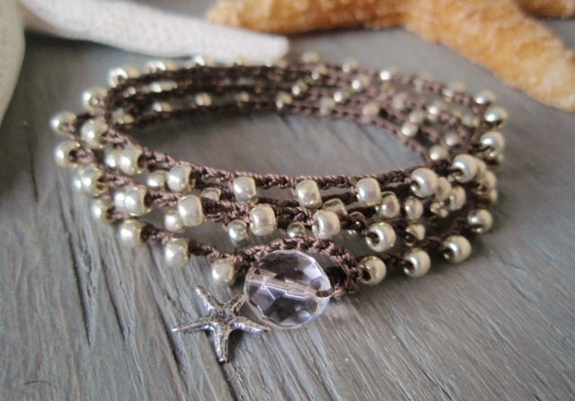 Silver crochet wrap bracelet necklace "The Essential Silver Bohemian Wrap" sterling silver starfish boho chic wrap jewelry