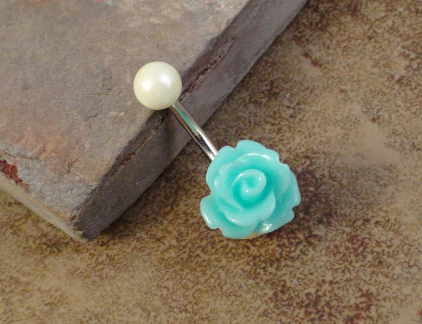 Aqua Blue Rose Flower Belly Button Jewelry