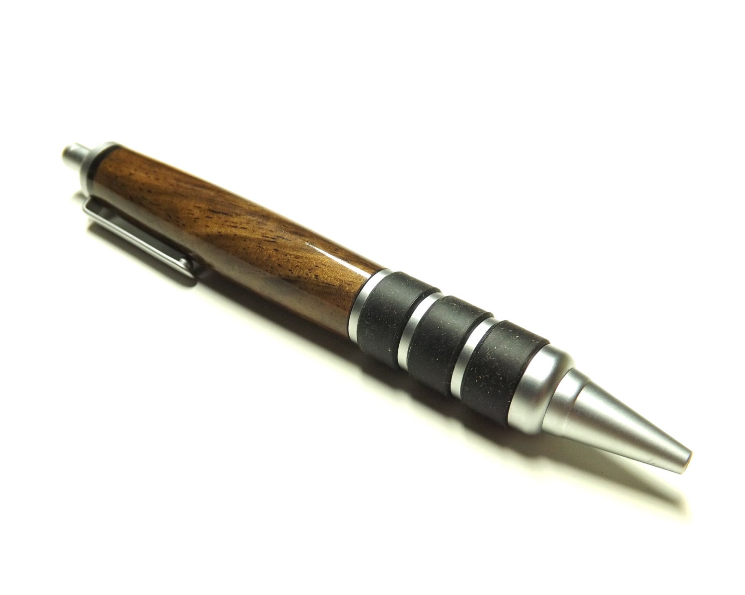 Hand Turned Wood Pen - Click Top Ballpoint - English Walnut Wood - Satin Brushed Hardware - Parker Gel Refill - Black Ink