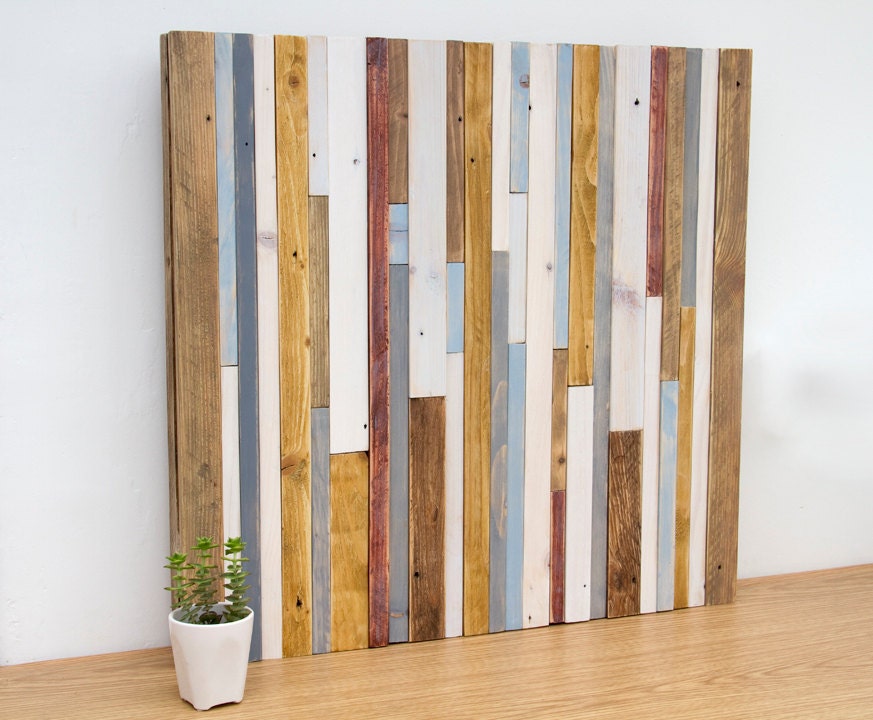 Wood Sculpture Wall Art Rustic Industrial reclaimed 30" x 30"  wood pieces grey, walnut, yew, oak, blue, white