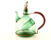 Vintage Italian Green Glass Wine Carafe with Metal and Leather Handle and Ice Chiller (Hand-Blown Glass)
