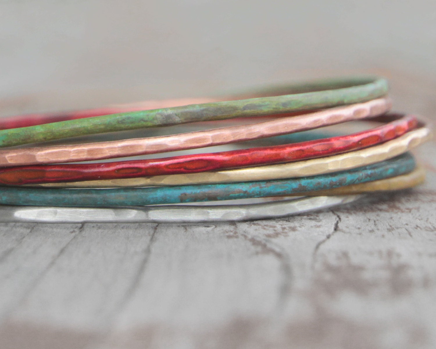Bangle Bracelets Stacking Colored Bangles Patina Bangles Chic Summer Fashion Fresh Hand Hammered Cute Unique Fashion SEVEN Patina Bangles