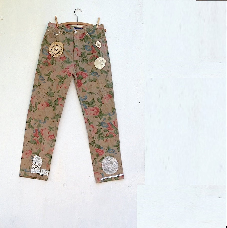 khaki rose spring summer rustic  boutique upcycled almost new ralph lauren coffee mocha flowers vintage lace romantic valentine cabin jeans