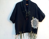 SALE dark green ooak spring summer fields meadows forest silk ribbons shawl collar unique couture fashion sweater shrug