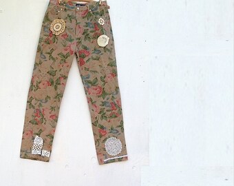 khaki rose spring summer rustic  boutique upcycled almost new ralph lauren coffee mocha flowers vintage lace romantic valentine cabin jeans