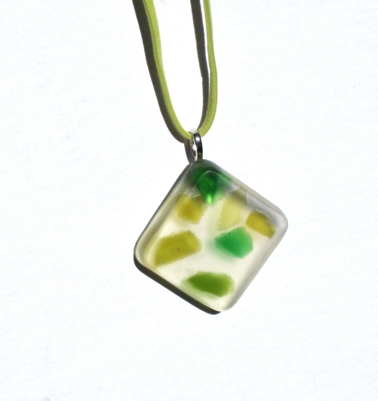 Upcycled / Recycled / Glass / Resin / Green / Pendant / Silver Bail
