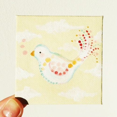 Mini canvas original acrylic whimsical painting, Dotty Bird
