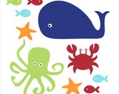 Fish, Whale and Crab, Children's Wall Decals, Kid's Bathroom, Bathroom Decor, Bathroom Decal
