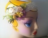 1920s Silver Beaded and Flower Cluster Bridal Headpiece Antique Millinery The Great Gatsby Pastel Lavender Yellow Peach