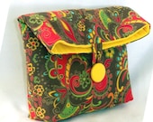 Floral Clutch Purse Makeup Bag Fabric Bag Brown Green Yellow Red Blue Fold Over Flap with Button Closure