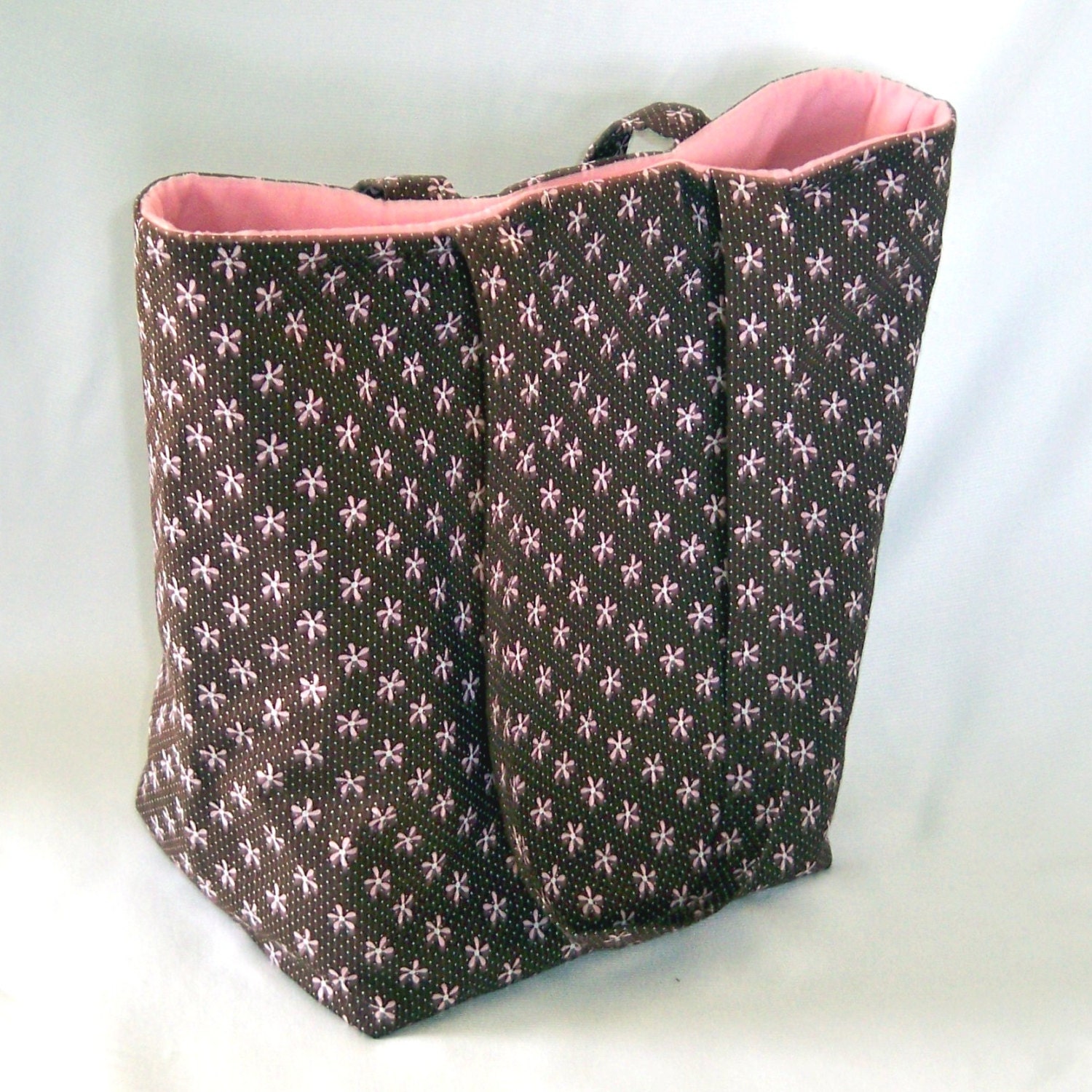 Brown Tote Bag Purse Fabric Bag Handbag Pink Daisy Flowers Polka Dot Shoulder Bag Large Bag
