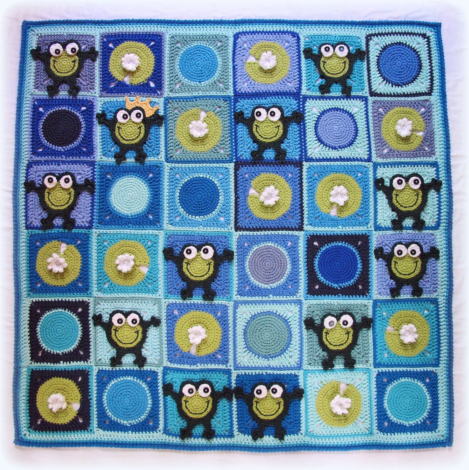 CROCHET PATTERN - Frog Frenzy - a Toadally Hoppy Frog blanket with lily pads - Instant PDF Download