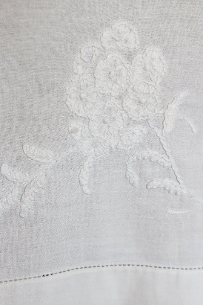 One-Of-A-Kind Vintage Pillow Case A-Line Dress - Hand Stitched Spring Flower Bouquets - White on White