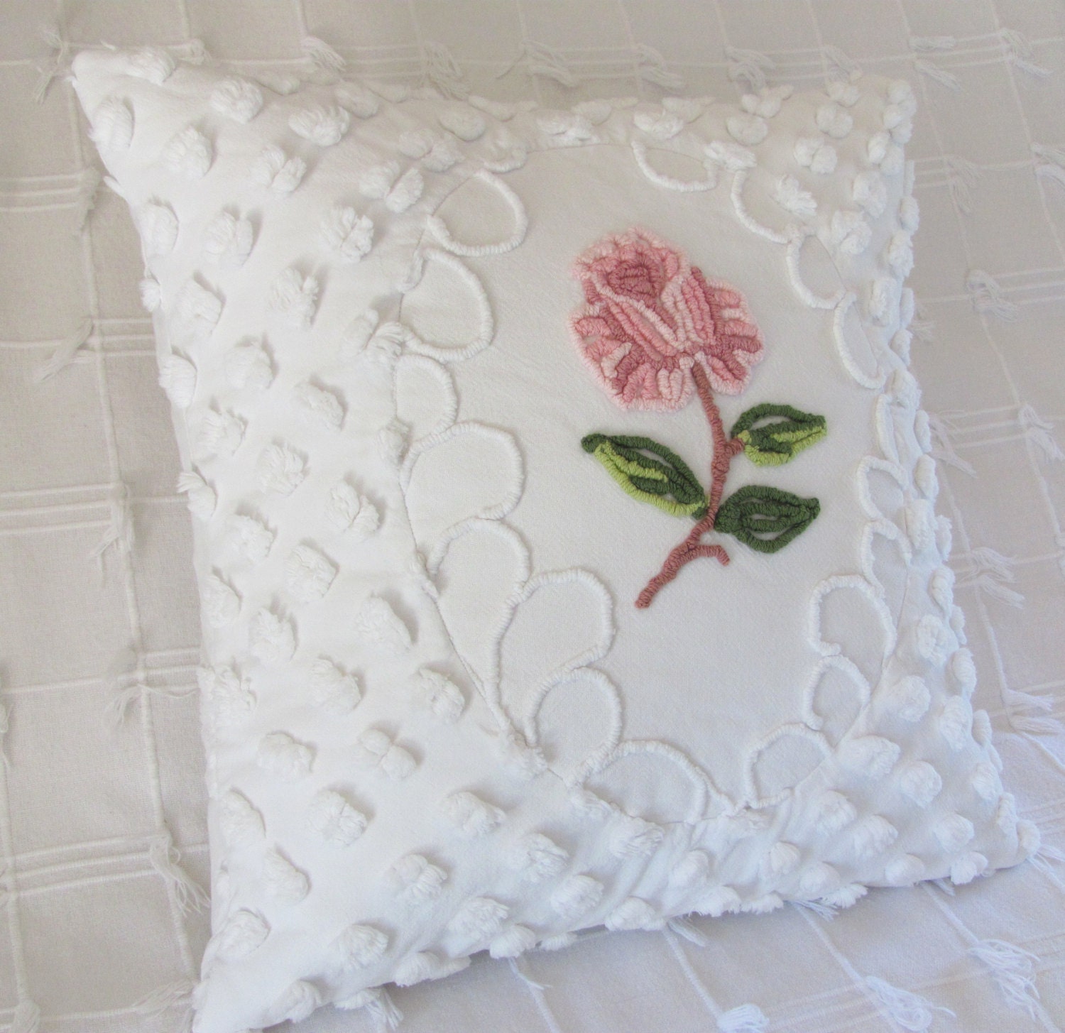 chenille pillow cover ONE ROSE vintage pink chenille cushion cover cottage chic