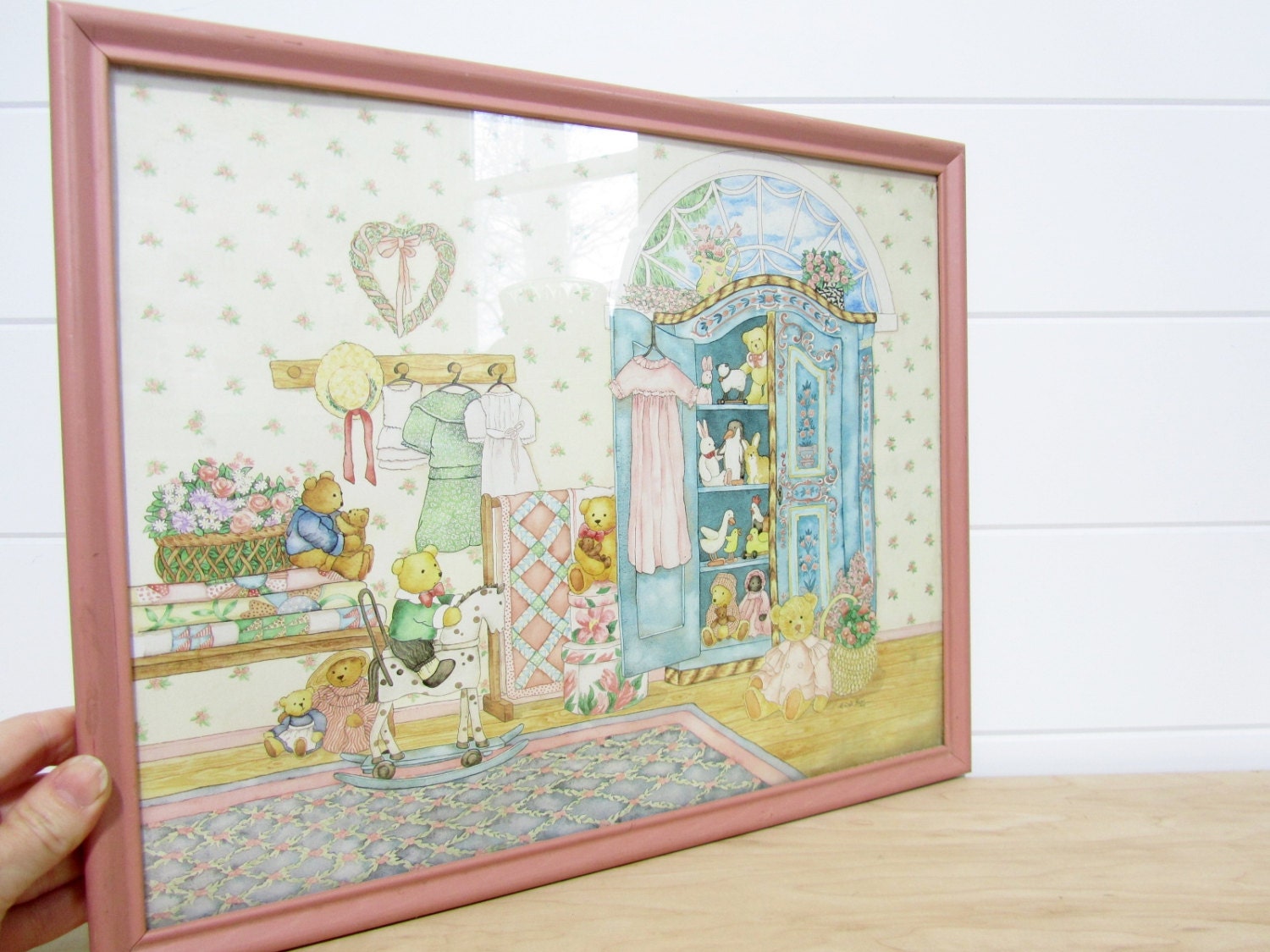 Nursery Picture Baby Girl - Child's Pastel Print Pink Framed Wall Hanging 11 x 14