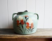 1950s Ceramic Crock, Painted Stoneware Cookie Jar Aqua & Red Floral Art Deco
