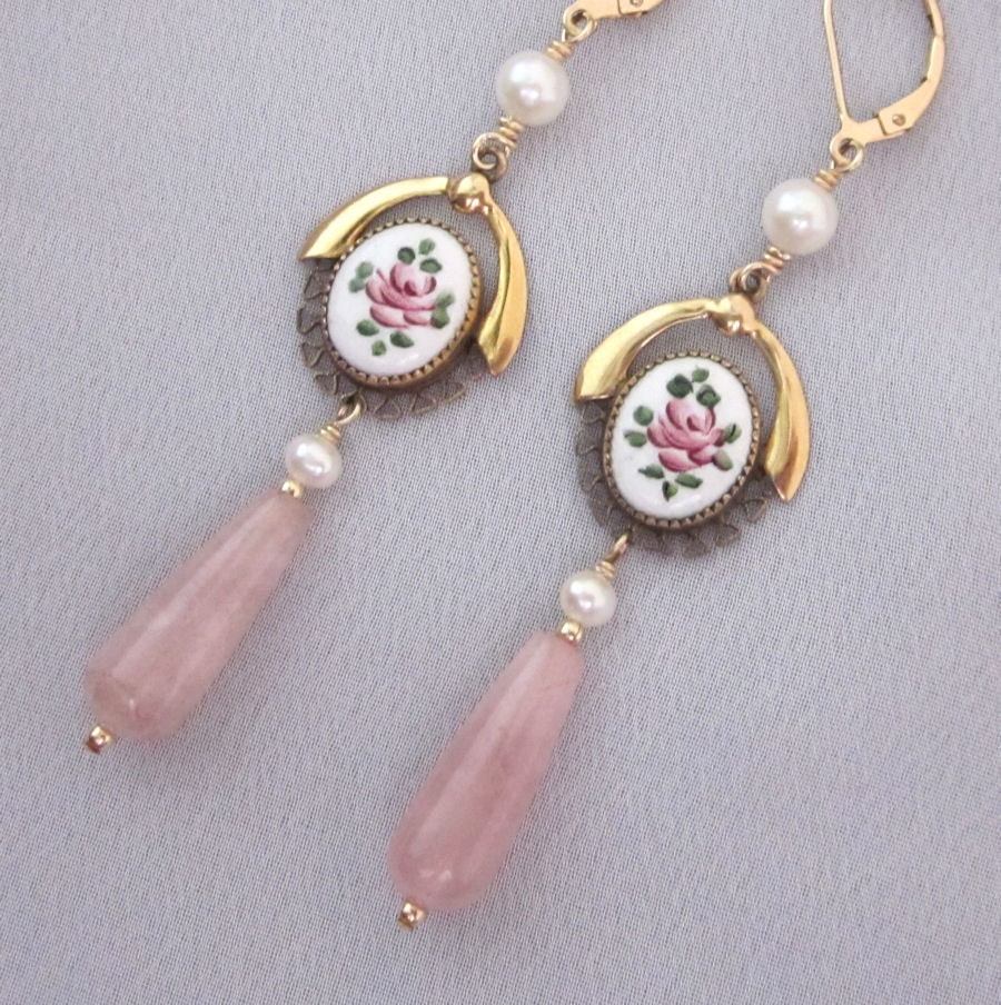 Upcycled Pink Dangle Earrings, Rose Flower, Gold Filled Chandelier Earrings, Rose Quartz, Pearls OOAK Assemblage Jewelry - JryenDesigns