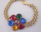 Repurposed Rhinestone Bracelet, Emerald Green, Ruby Red, Purple, Blue, Gold Chain Assemblage Jewelry OOAK Handmade JryenDesigns