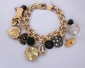Repurposed Antique Victorian Charm Bracelet, Gold Filled, Locket, Black Buttons, Cut Steel,  Assemblage OOAK Jewelry - JryenDesigns