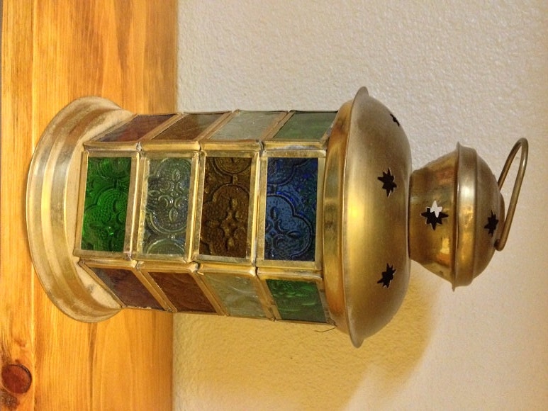 10 DOLLAR SALE-Brass Colored Glass Tea Light Candle Holder-Stained Glass