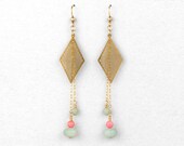 Gold Filled, Mint Green Amazonite, Pink Coral, Long Geometric,  Dangle Earrings