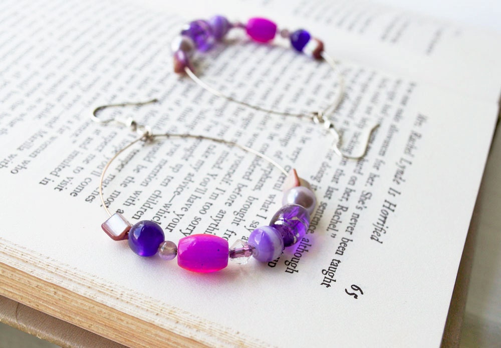 Purple Hoop Earrings: Beaded Hoops, Hoop Earrings, Purple Hoops, Silver and Purple Earrings, Deep Purple Earrings, Dark Purple Earrings