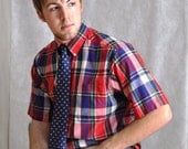 Men's Shirt Bright Red Tartan Plaid Large Vintage Short Sleeve